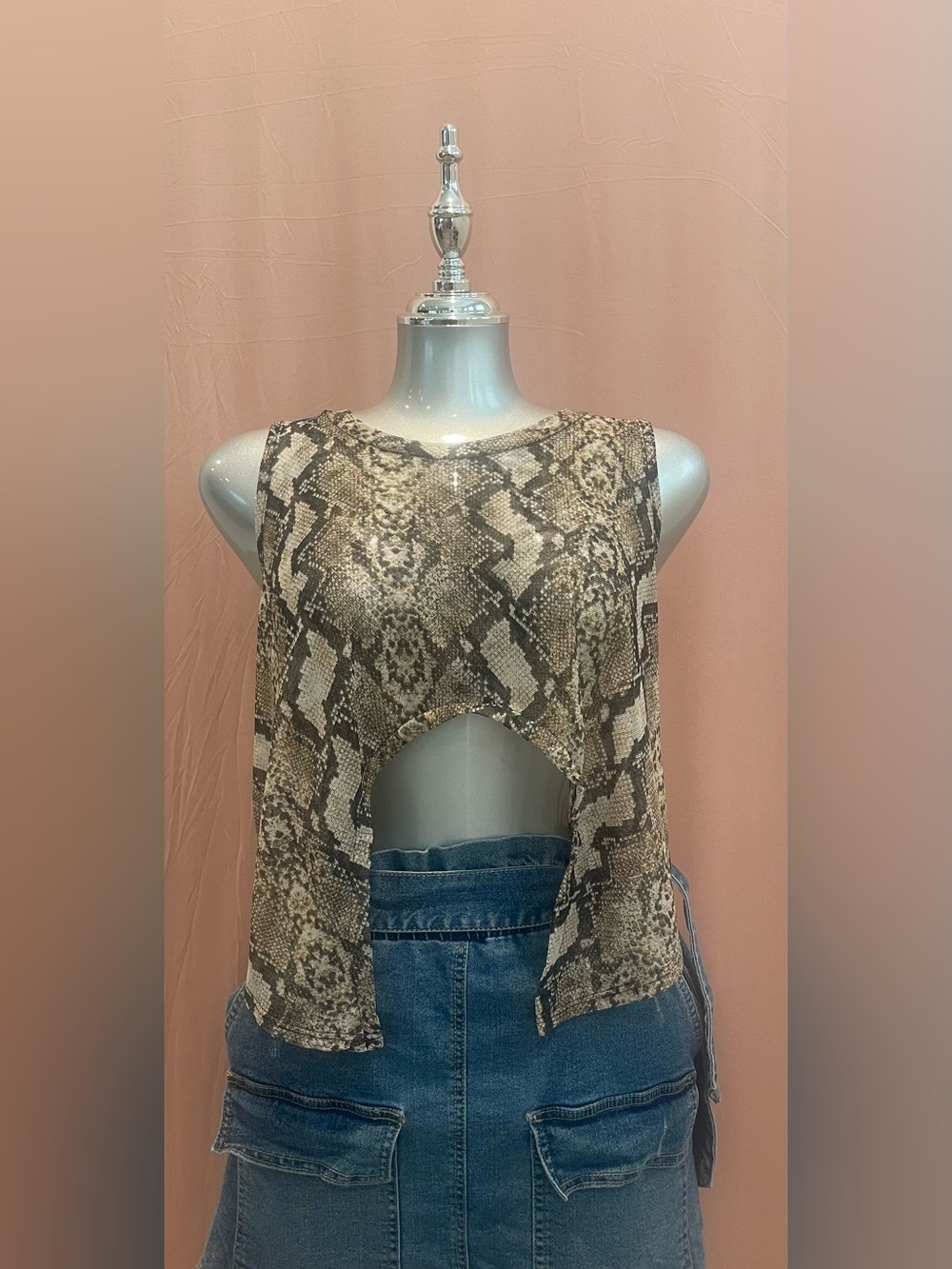 Snake Print Cutout Sleeveless Top - Brown/Beige